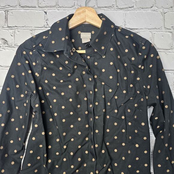 Chicos Black Gold Polka Dots No Iron 100% Cotton Blouse Size 00P (Size 0/2P) - Picture 3 of 12